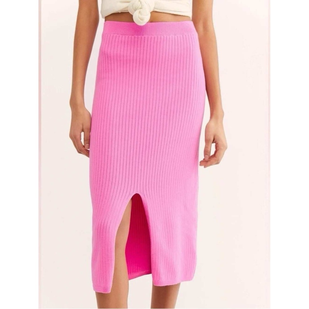 Free People Skyline Pink Ribbed Knit Slit Midi Skirt XS